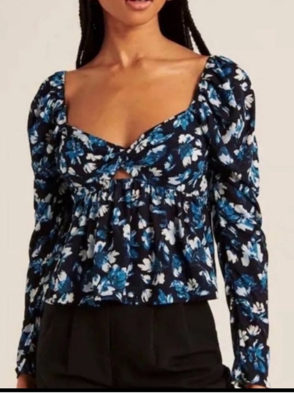 Abercrombie & Fitch NWT Blue Floral Key Hole Light Puff Sleeve Top